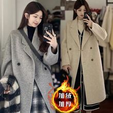 灰色夹棉韩系毛呢外套秋冬中长款加厚加绒显高小个子呢子大衣