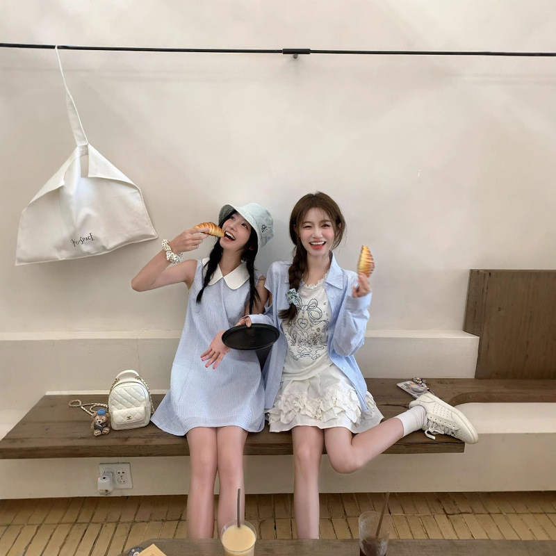 2025 New Island Holiday Cute Short Doll Dress Blue Striped Shirt Skirt Sleeveless Vest dress