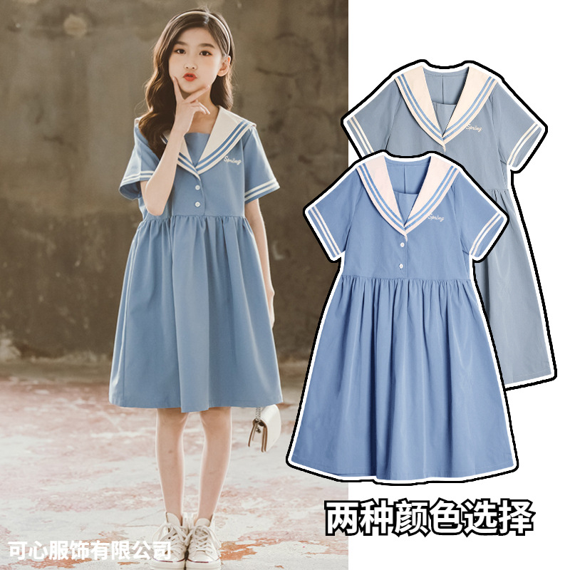 Girls Dress Summer 2025 New Navy Collar Short Sleeve Skirt Jk Internet Celebrity Princess Dress Medium and Big Children Summer Dress