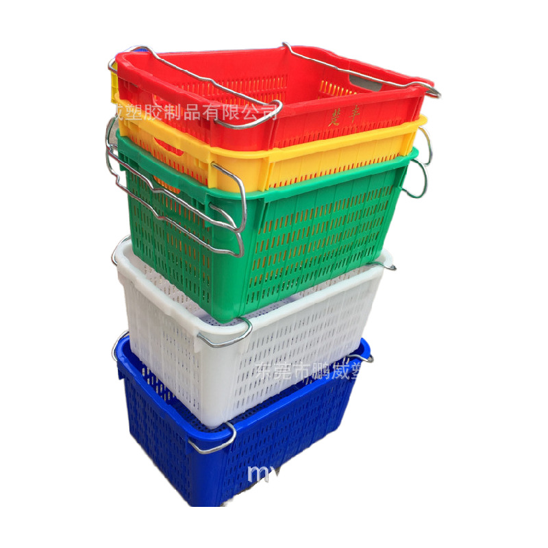 深圳餐饮配送用塑料中转筐 塑料蔬菜运输胶箱 带铁提手货运框子