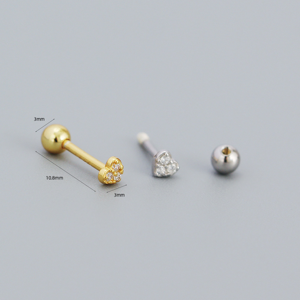 0.03µm Gold Plating Thickness Electroplating Gold Plating Process 1 Pair 925 Sterling Silver Rhinestones Heart Shape Ear Studs