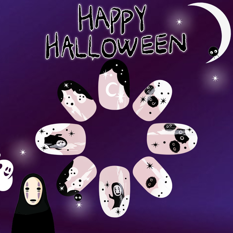 Short Glow Face Halloween Cute Black Coal Ball Weird Ghost Faceless Men's 20.24 million Holy Festival Nail Art New 24 Pieces_voghion.com