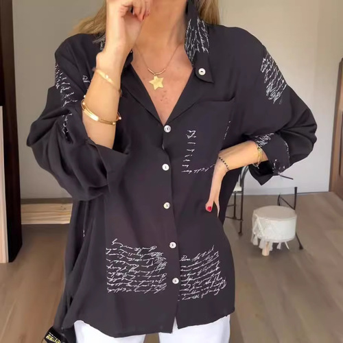 Cross-border women's clothing 2025 Amazon independent station spring and summer new European and American fashion printed loose sexy tuxedo shirt 