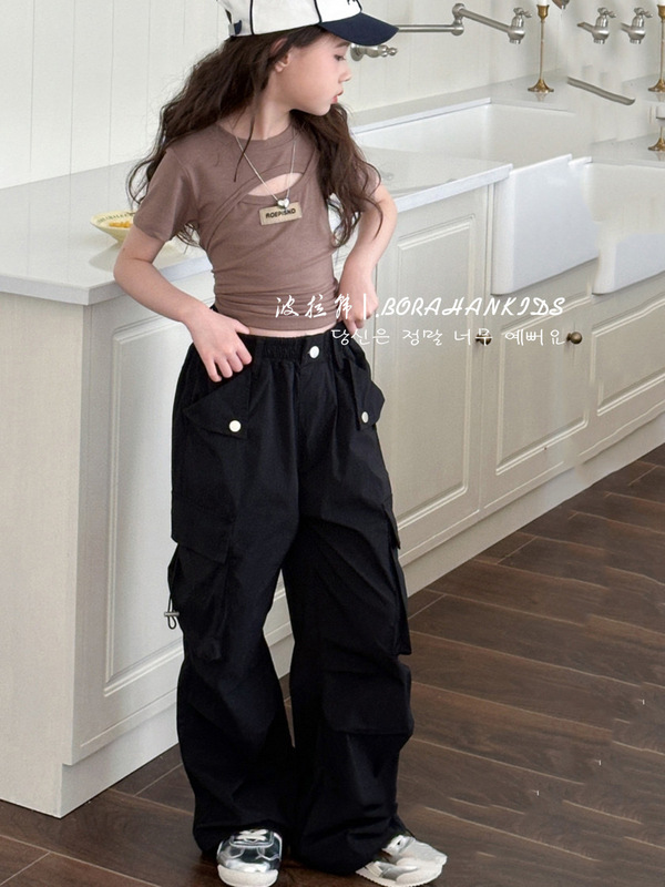 女童洋气工装裤春夏儿童休闲裤2025新款中大童宽松直筒裤男童裤子|undefined