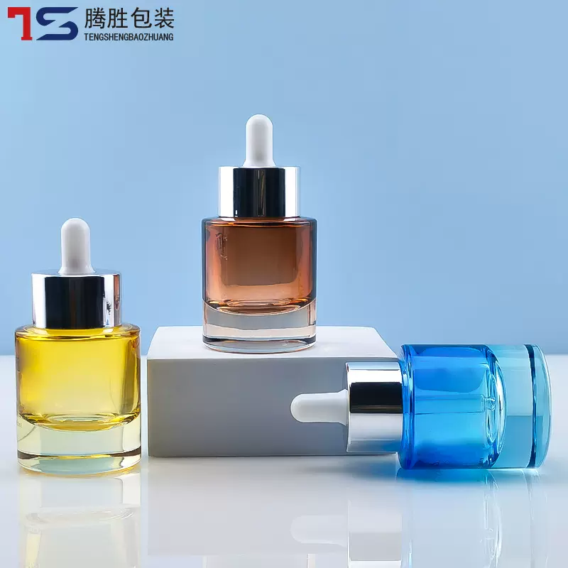 50ml直圆厚底精油玻璃瓶平肩原液瓶20ml矮胖滴管瓶圆形厚底精华瓶