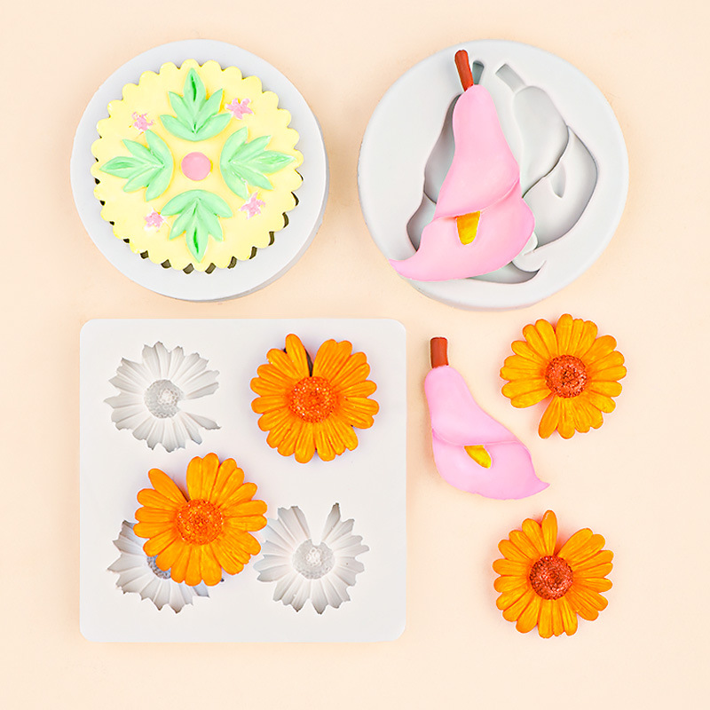Cuatro piezas de silicona margarita molde para hornear pastel de bricolaje fondant flor molde de chocolate molde de viruta de cera epoxi