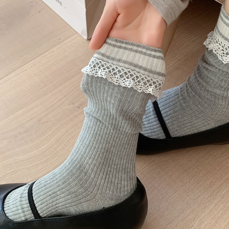 蕾丝袜子女中筒袜秋冬miu少女风棉质堆堆袜配小皮鞋条纹花边长袜|undefined
