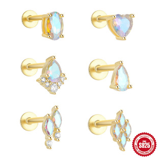 New 925 sterling silver Moonstone Diamond-embedded flat head thread piercing ear bone nail European and American hot selling elegant personalized earrings
