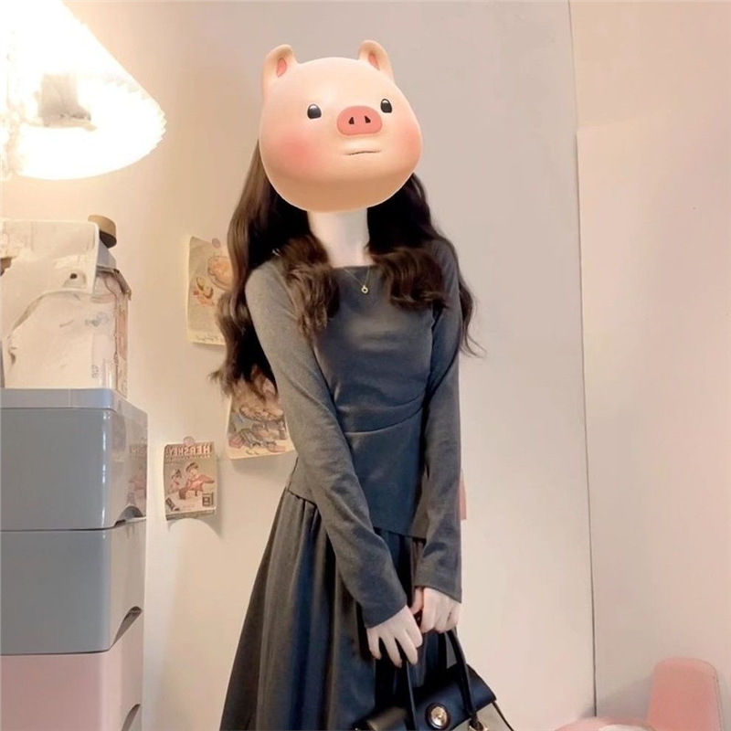 灰色连衣裙半身裙秋季小个子女2025新款上衣收腰两件套套装长裙