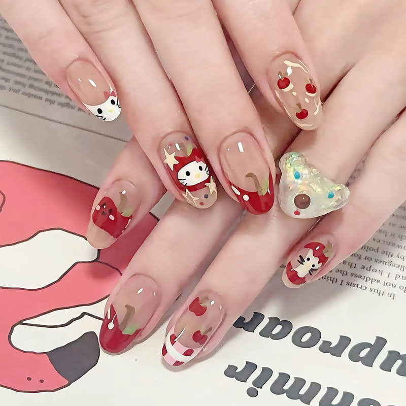 S108-Full Size Cute Kitty Cat New Year Wear French Apple Manicure Patch Fall/Winter False Nail Patch