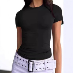 欧米の夏の女性の頭のtシャツのギャルの外で身を修める上着のファッションの丸首の高級感の牛乳の糸の婦人服を着ます。