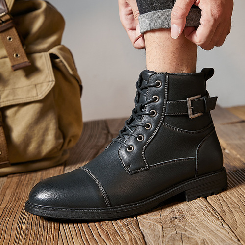 Autumn/Winter Work Boots, British Men's Martin Boots, Non-slip Retro Laced High-top Round Toe Boots with Side Zip