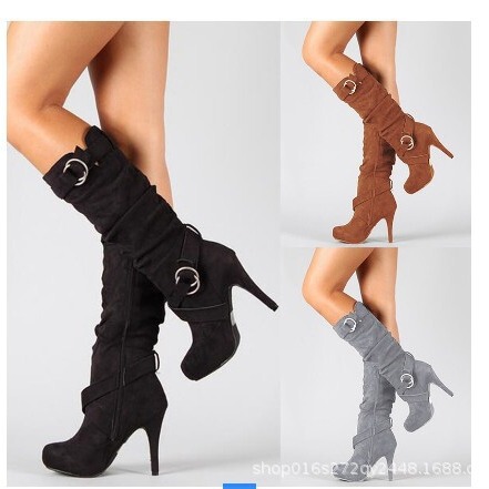 Amazon wish new high heel suede mid-length boots with belt buckle foreign trade large size slim high heel round head high boots