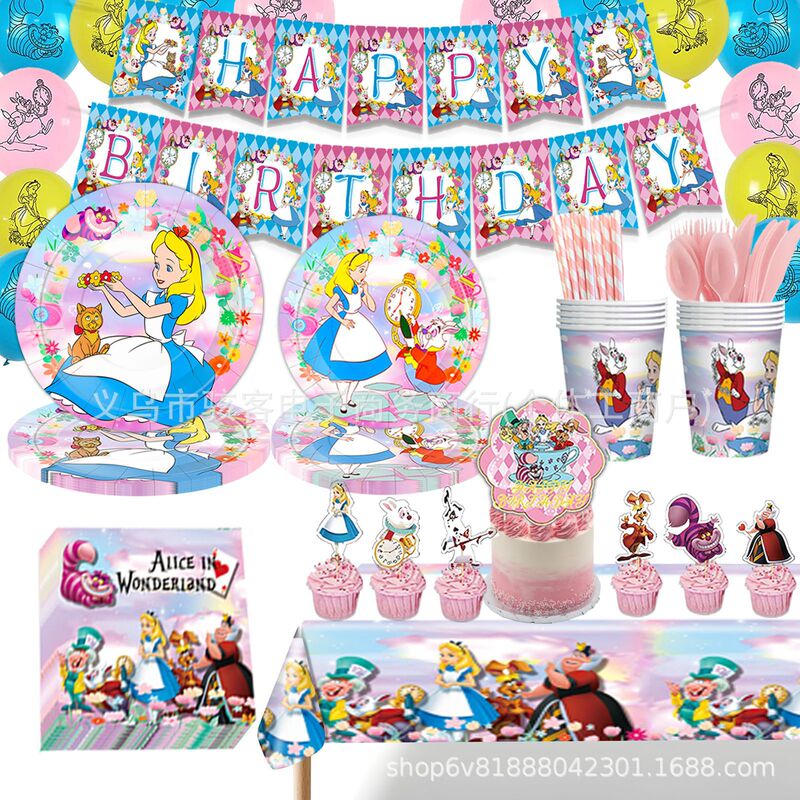 Hot in stock Alice in Wonderland Tea Party Theme Atmosphere Arrangement Party Flag Plate Tableware for 10 People