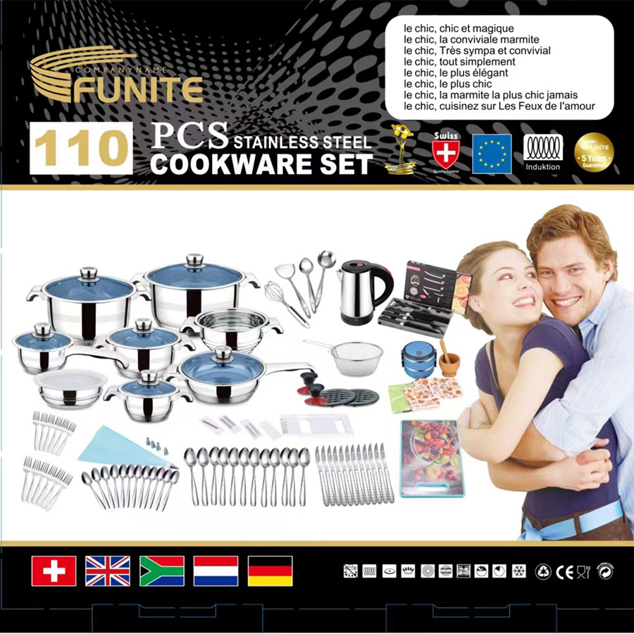 FUNITE 110PCS 해외수출용 스테인리스 조리기구 세트 아프리카 수출용 다기능 냄비 세트 쿡웨어