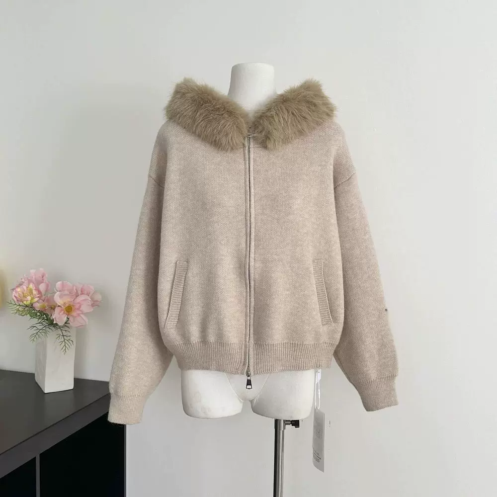 毛领宽松连帽针织开衫软糯毛衣外套女秋冬可拆卸显瘦韩系加厚上衣