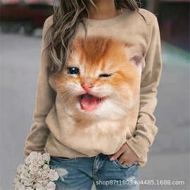 春季大码女装3D小猫咪印花图案卫衣长袖套头上衣个性欧美时尚T恤