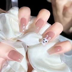 Charming cartoon rabbit wearing nail polish, icy transparent rabbit year showing white and high-end feel, wholesale false nail sheets set