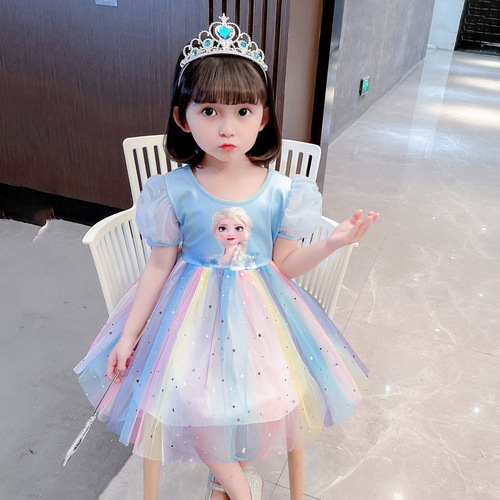 Princess Elsa Snow Queen Summer Children Rainbow Dress for Kids Baby Love Sarah New Girls' Dress