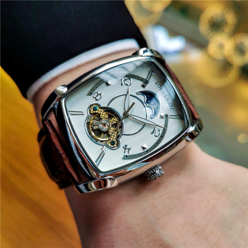 Ogulas reloj cuadrado de los hombres gran dial hueco transparente reloj mecánico automático de gama alta de cuero casual reloj de los hombres
