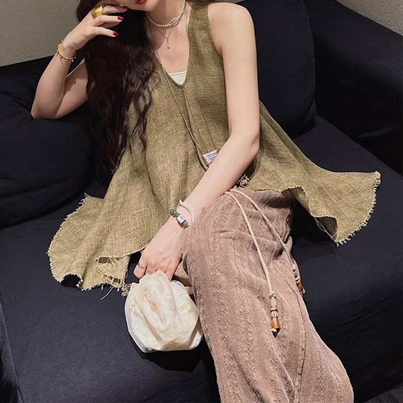 In Stock【Qingshan】Mixed Linen Irregular Fringe Vest 2026 New Fashion Design Vest for Women