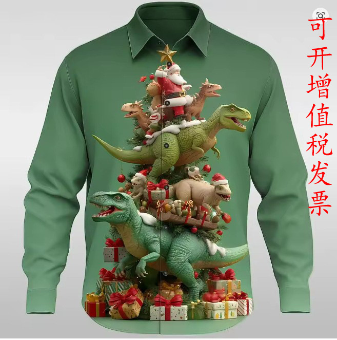 Men's Long Sleeve Shirt Santa Claus Christmas Shirt Dinosaur Christmas Tree Streetwear Plaid Casual Shirt