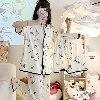 Cardigan Internet celebridad pijamas de tres piezas de verano de las mujeres pantalones de manga corta estilo de la princesa ropa de casa traje solapa primavera y otoño
