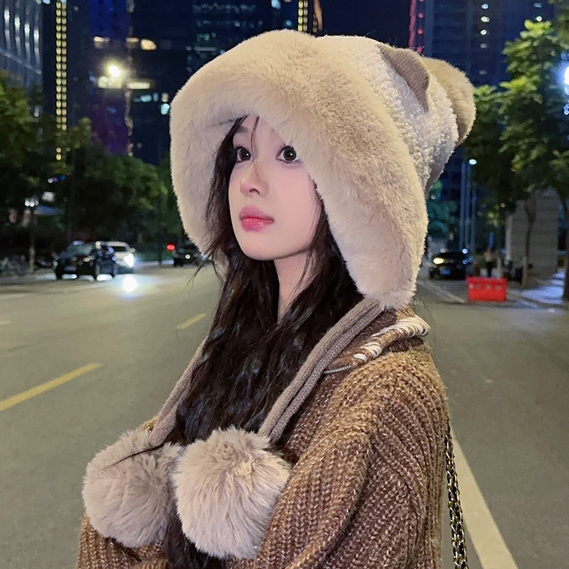毛线帽女韩版可爱雷锋帽子冬季护耳针织加绒帽雪地帽子3球帽