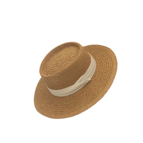 Internet-famous flat-top straw hat for women—summer fashion beach hat, sunshade, retro flat-brim hat, fresh and cute top hat.