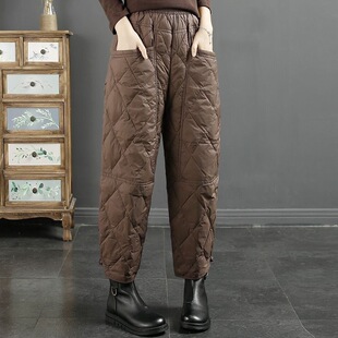 Winter Retro Solid Color Quilted down Cotton Pants, Warm and Thickened Loose Casual Pants for Women