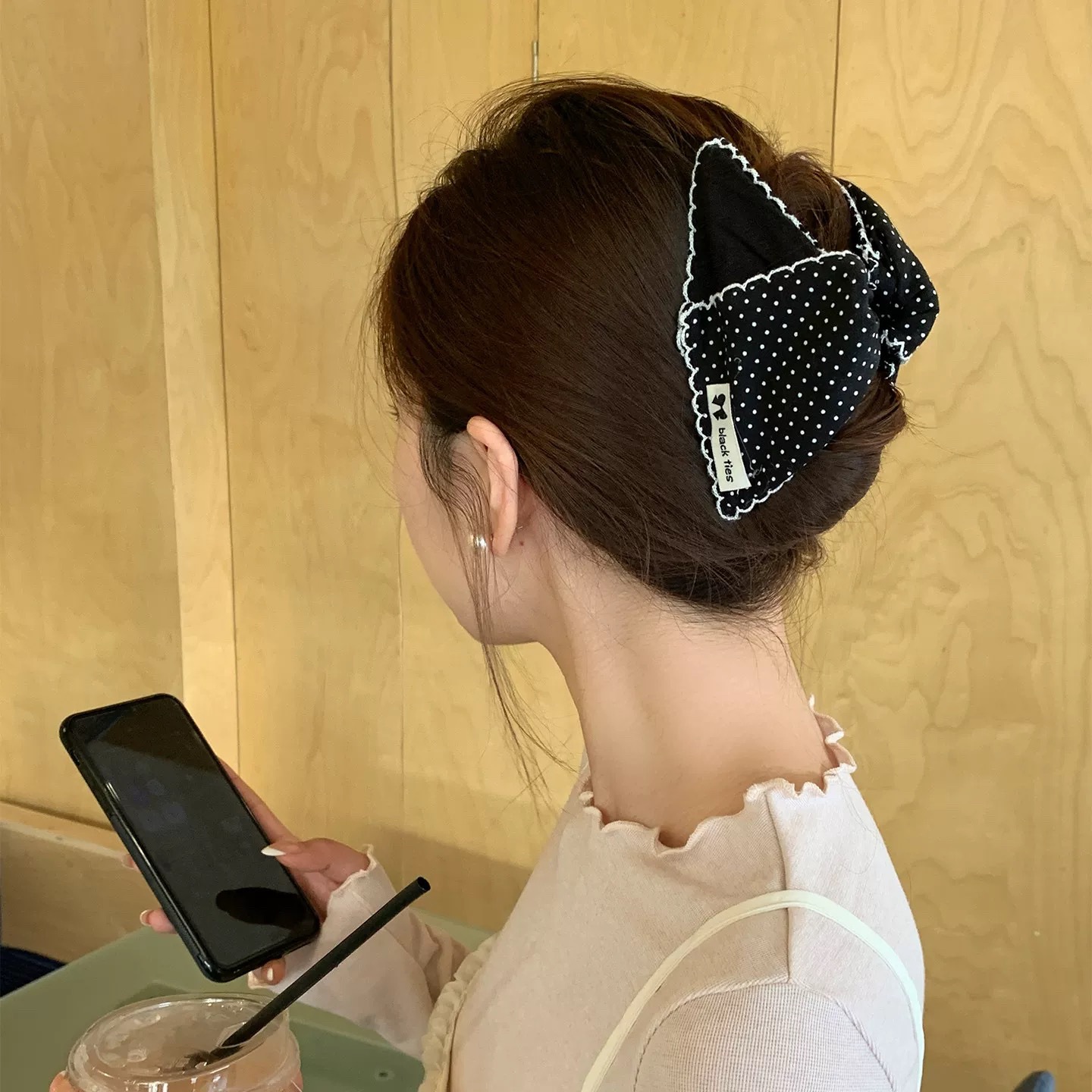 55번 흑백 물방울 레이스 삼각 헤어 클립 (약 13cm)