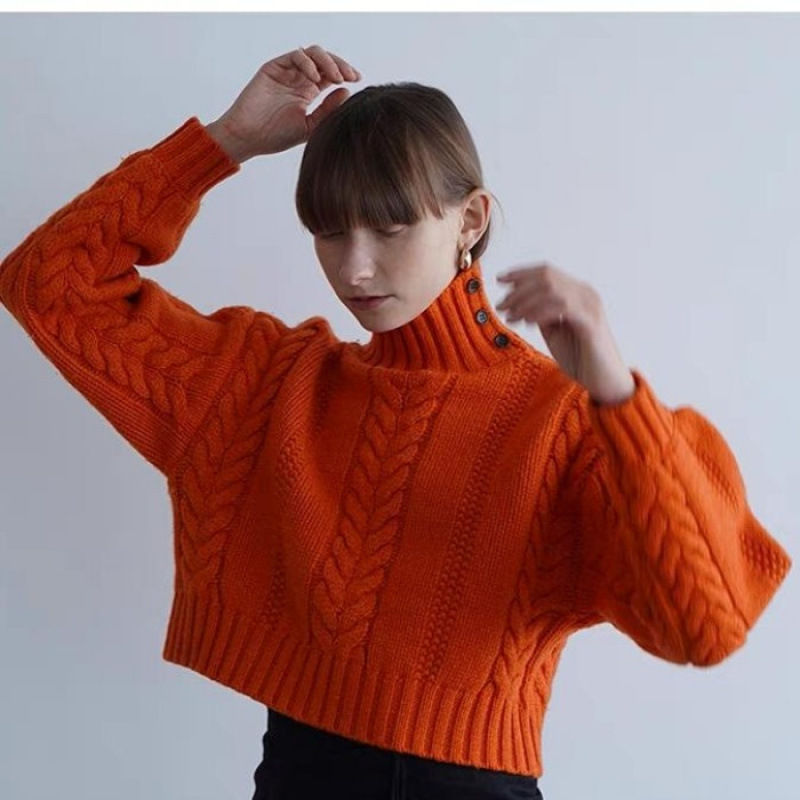25 European Cross-Border Sweater for Women, Autumn and Winter Thick Cable-Knit High-Neck Buttoned Long-Sleeve Warm Knit Pullover Top