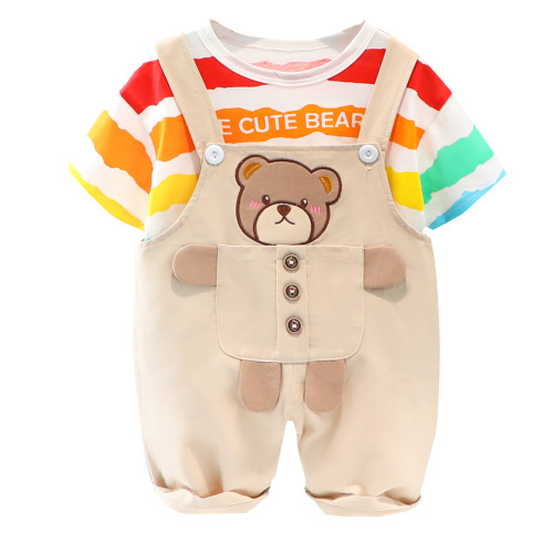 Baby boy summer clothes, new style, striped letters, short-sleeved overalls, two-piece set, summer suit for children aged 1 to 4 years old