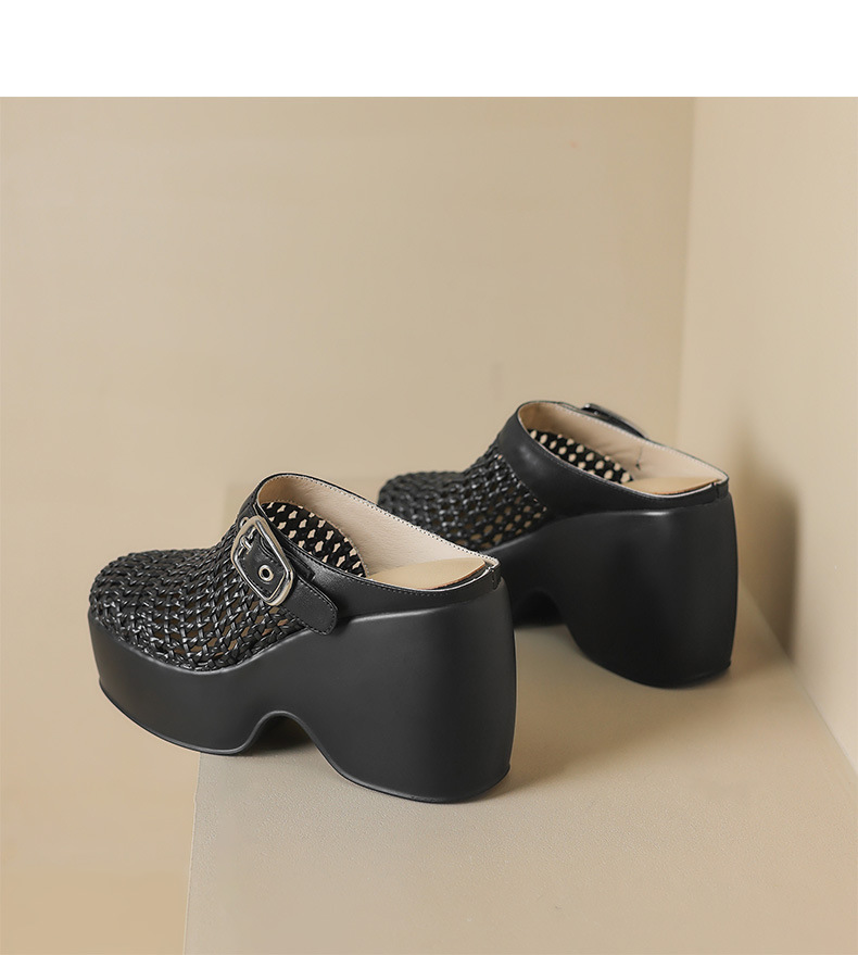Dép sandal nữ đế xuồng cao gót 11 cm, kiểu mule khoét lỗ, gót wedge La Mã — đen, bạc chi tiết 18