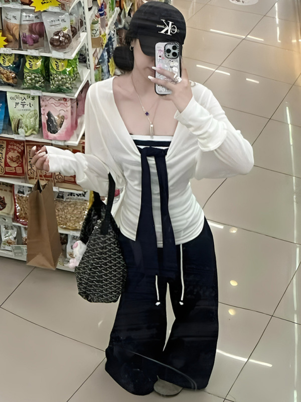 辣妹早秋套装女2025新款绑带条纹抹胸上衣搭配长袖防晒罩衫两件套|undefined