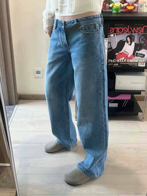 Джинсы женские светло-голубые, потертые, средней-low талией, новая slim 080L, чистый хлопок, свободные, прямые, cow 5010
