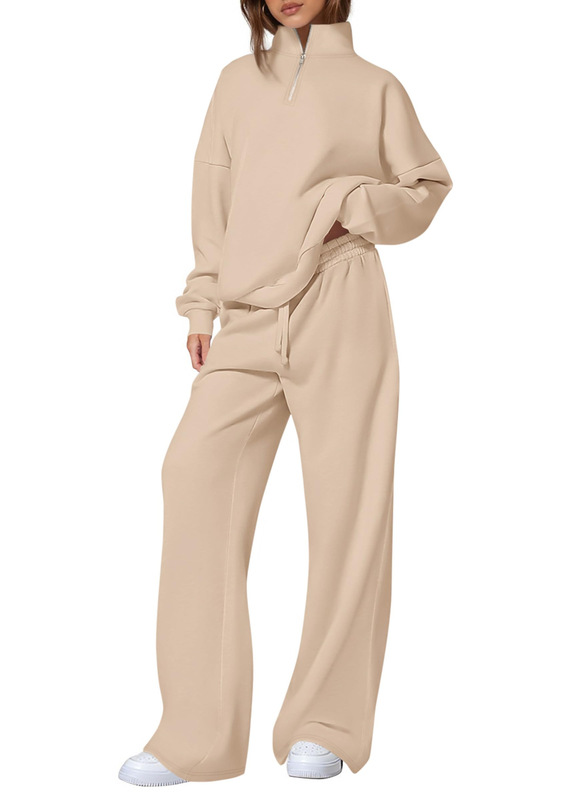 独立站女式休闲两件套2025秋季半拉链运动衫直筒裤运动服旅行套装|undefined