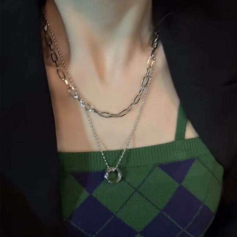Titanium steel double-layer ring necklace female niche design high-end ins sweater chain 2022 new autumn and winter accessories
