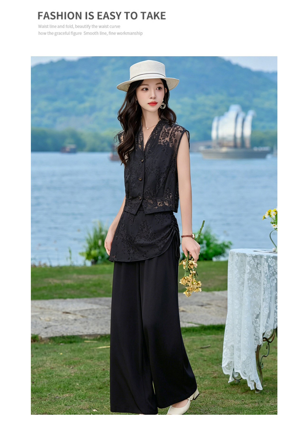 Bộ vest nữ không tay kết hợp quần ống rộng phối ren YQ9913 — màu đen, màu trắng ngà chi tiết 23