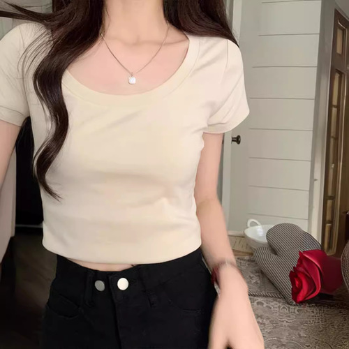 Basic U-neck T-shirt women's clothing solid color simple base summer slimming versatile short sleeve hooded top 