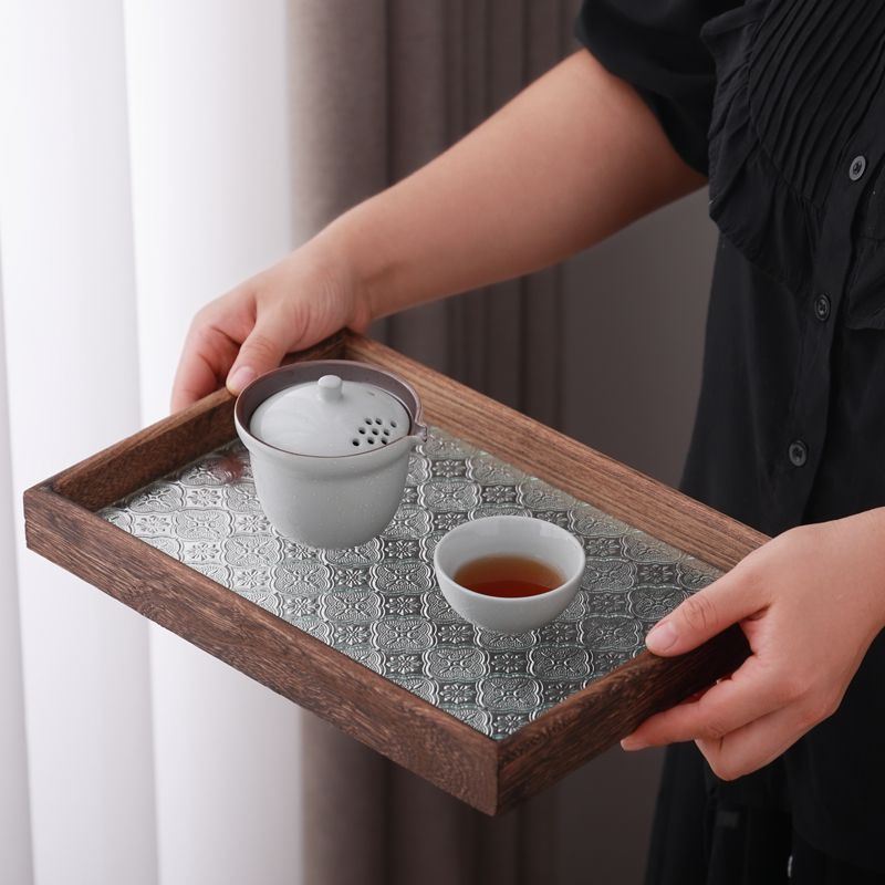 Retro begonia bandeja de flores rectangular bandeja de té casera de madera para bocadillos de té taza bandeja de té bandeja de vidrio