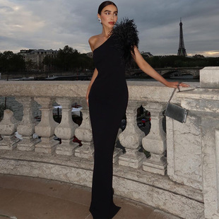 Amazon's New Dress, Noble Temperament, Solid Color Slanted Shoulder Splicing, Feather Slimming Look Long Evening Dress for Women