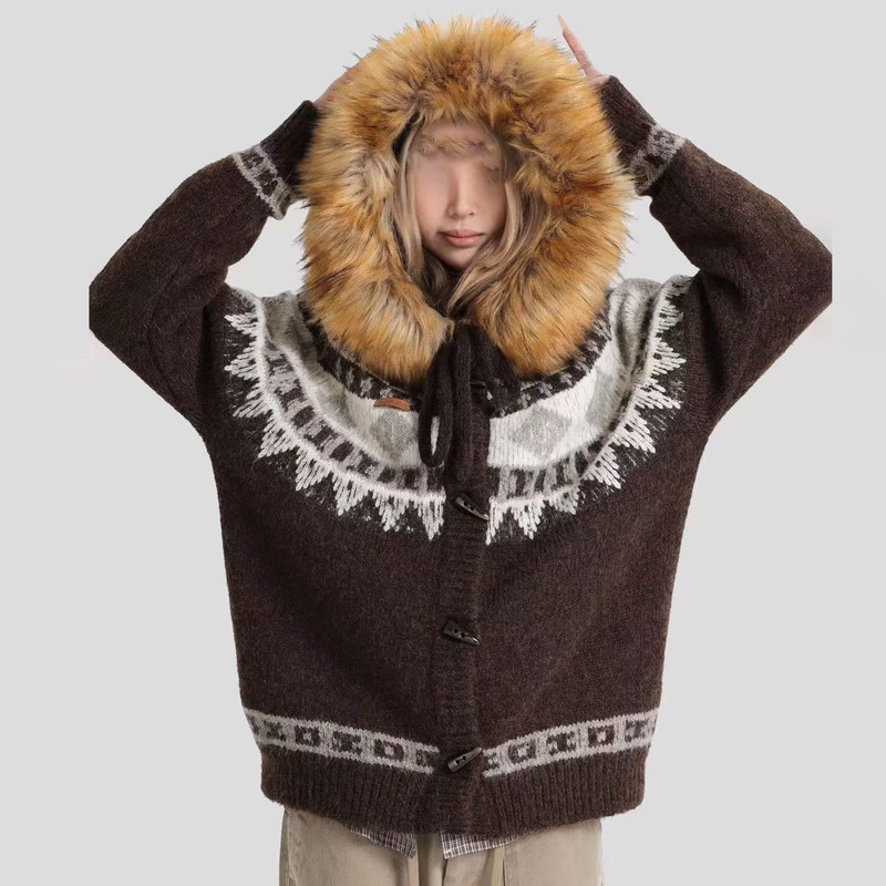 American-Style Fair Isle Large Fur Collar Hooded Sweater Coat Retro Horn Button Fashionable Lazy Thick Knitted Cardigan Trendy