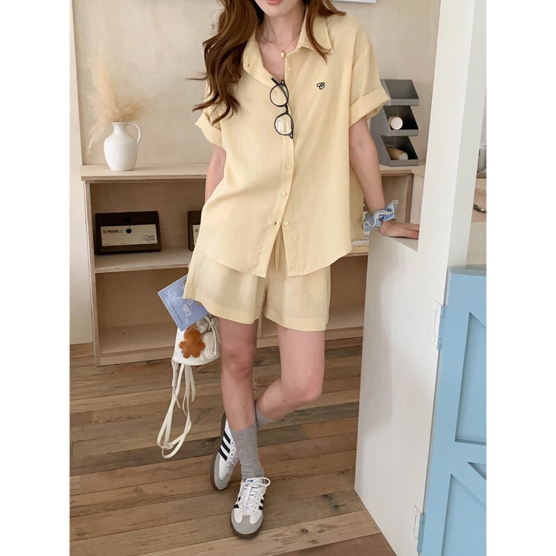 3Th Morning Intellectual Style Tencel Linen Embroidered Short Sleeve Shirt and Shorts Set Zy4286 3Th Morning Intellectual Style Tencel Linen Embroidered Short Sleeve Shirt and Shorts Set Zy4286