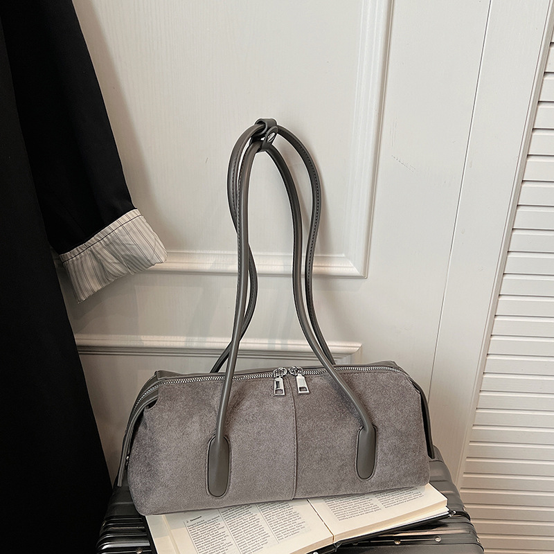 Korean Style Retro Suede Shoulder Baguette Bag For Women, High-End Large Capacity Underarm Bag, Trendy Versatile Handbag - Thumbnail 7
