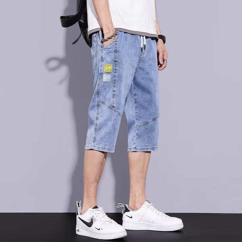 Summer Cropped Jeans Men's plus size Harlan Mid-length Pants Thin Washed Loose Straight Stretch 7-point Shorts for Hair