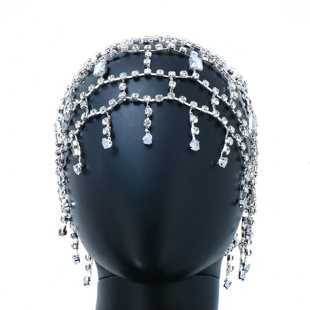 Tocado rhinestone caliente europeo y americano moda de las mujeres exagerada malla borla diadema de múltiples capas accesorios de la cadena del pelo Tocado