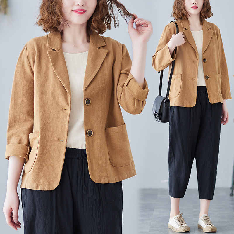 Real Shot of 2026 Spring/Summer Vintage Artistic Loose Casual Long-Sleeve Two-Button Slim-Fit Cotton-Linen Blazer Short Jacket for Women