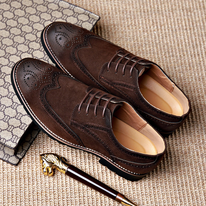 Giày Brogue nam da lộn phong cách Anh, giày lười mũi nhọn đế cao su, phối chỉ khâu — 858 kaki, 858 màu nâu sẫm, 858 đen