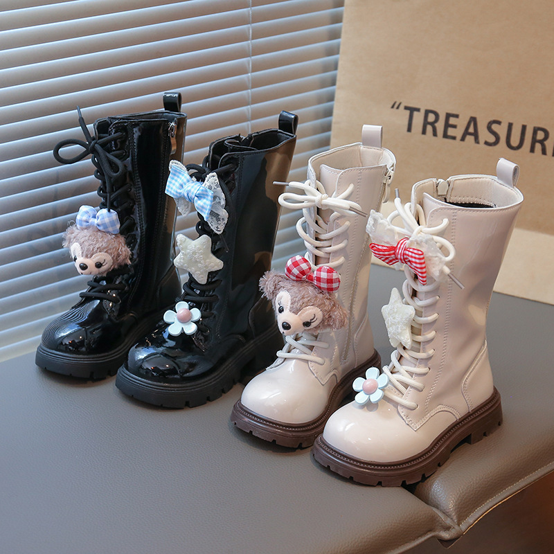 2025 Autumn and Winter Cartoon Pendant Girls' High Boots Children's Martin Boots Stylish Fashion Boots Girls' High Leather Boots